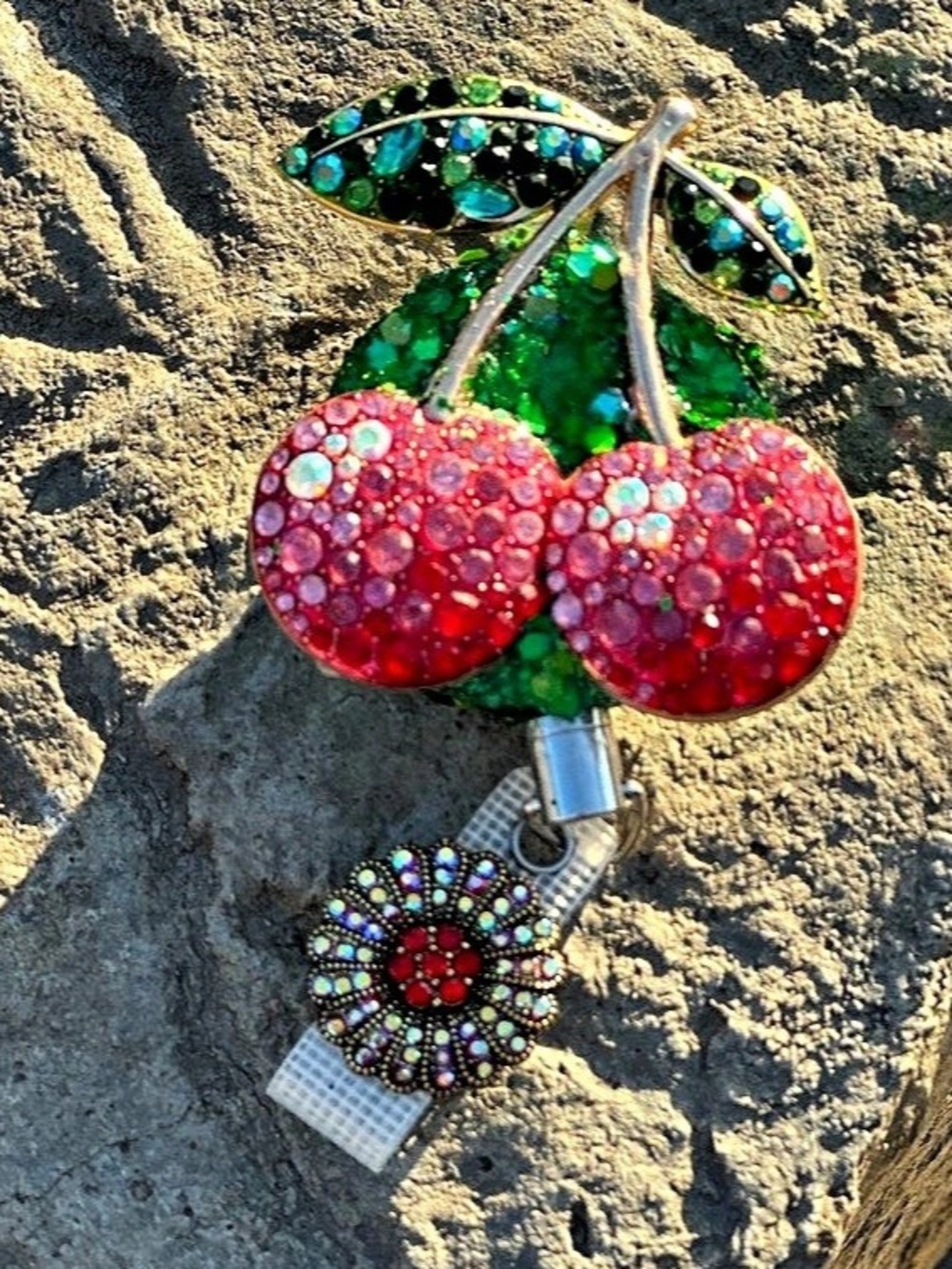 Rhinestone Cherry badge Holder New